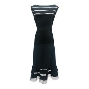 Tadashi Shoji Black Illusion Stripe Mesh Pintuck Jersey Cocktail Dress Size L